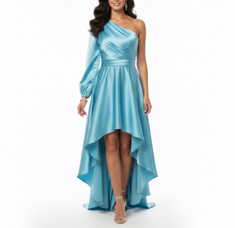 Mac Duggal 49141 Blue Evening Gown Satin One Shoulder High Low Dress Size 10